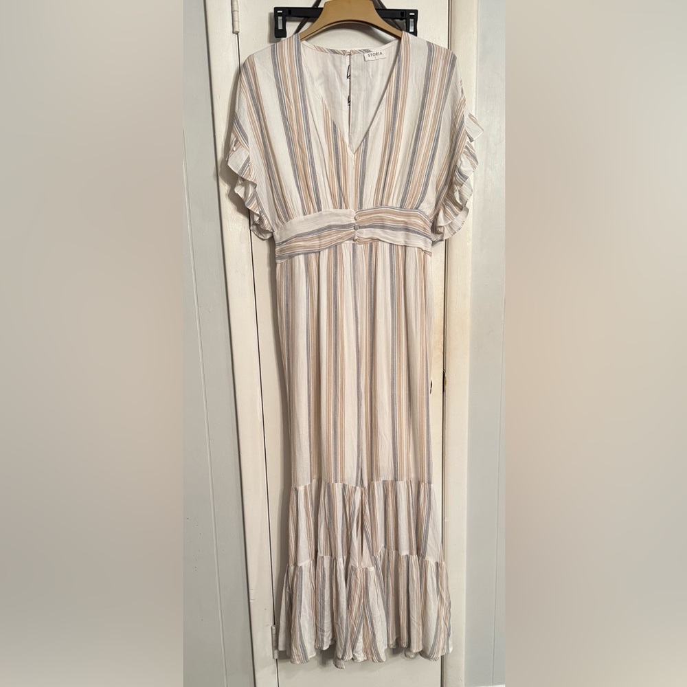 Storia Striped V-Neck Maxi Jumpsuit in Cream, Tan & Blue
